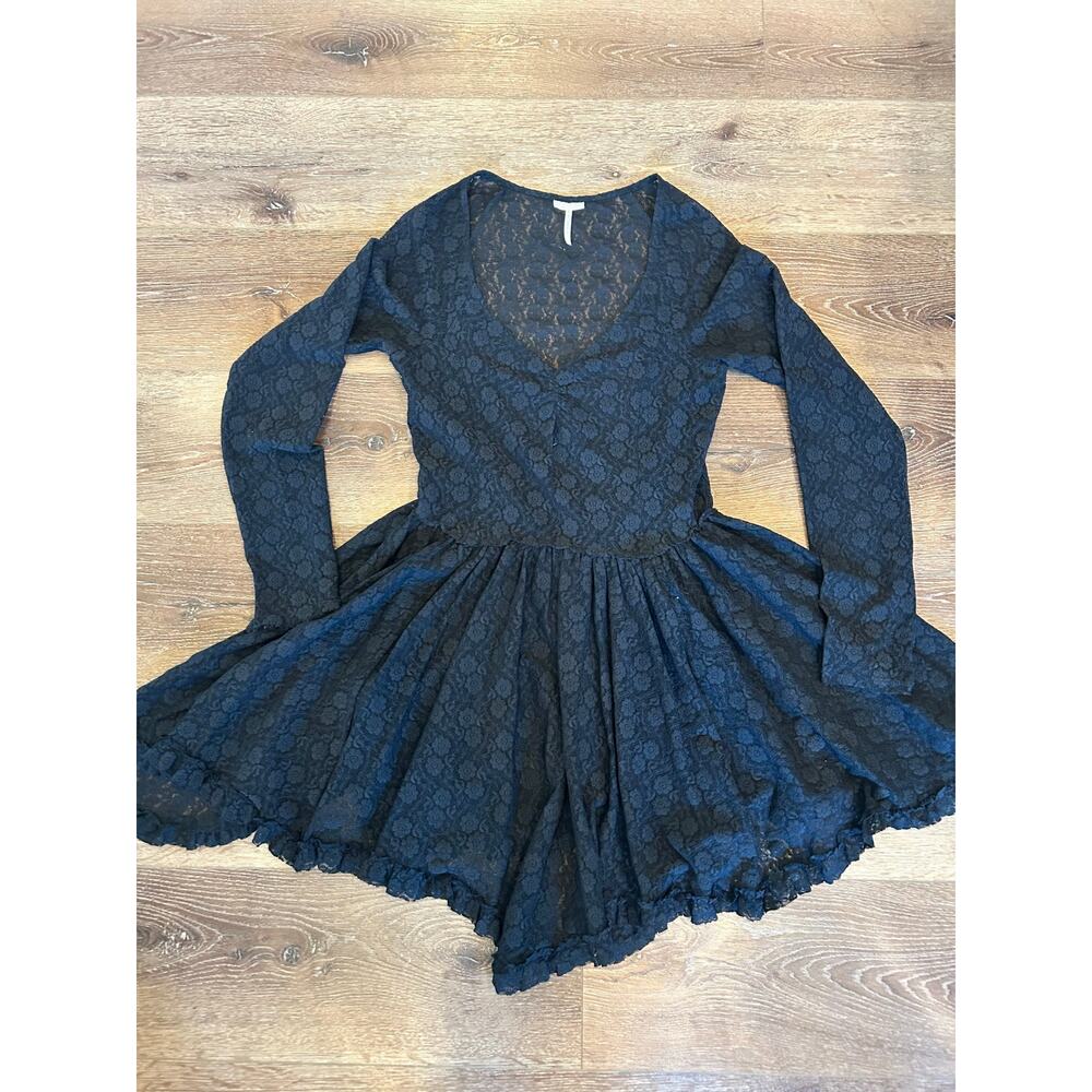 Free People Intimately Black Lace Dress Sheer Boho Long Sleeve M